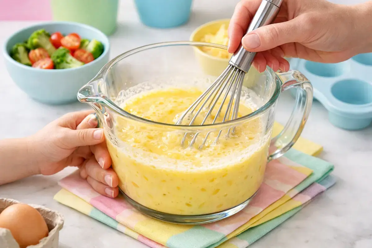Step 3: Eggs and milk being whisked in a large measuring jug with a pour spout
