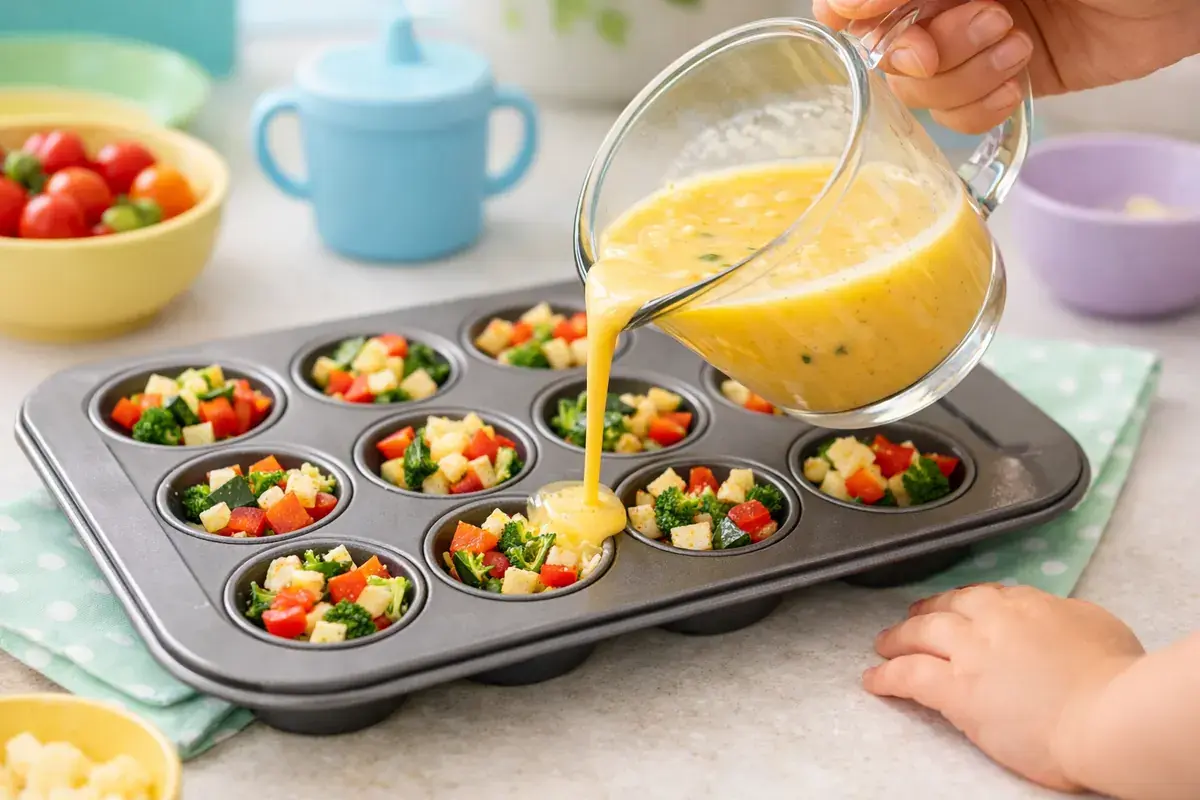 Step 4: A mini muffin tin with chopped colorful vegetables and cheese in each cup, egg mixture being poured in from a jug