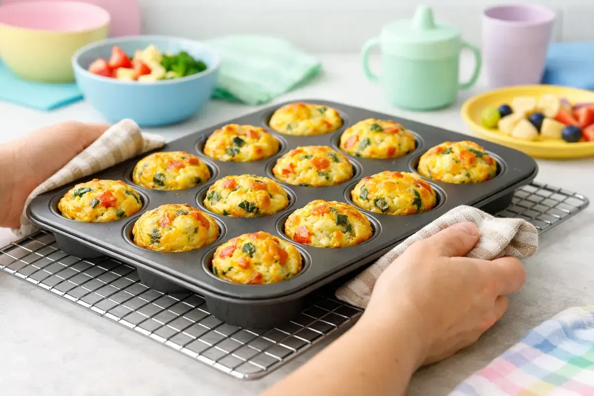 Step 5: Puffed golden mini egg muffins in a muffin tin fresh out of the oven, on a cooling rack