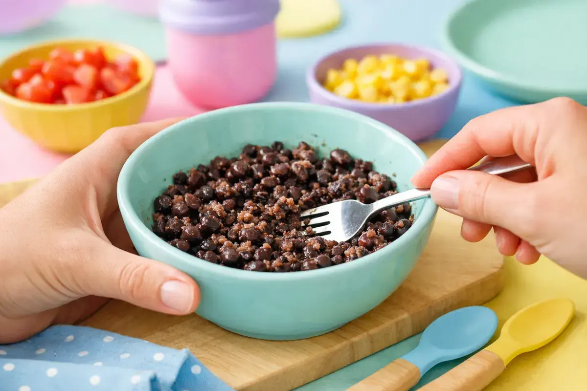 Step 1: Black beans being mashed with a fork in a small pastel bowl