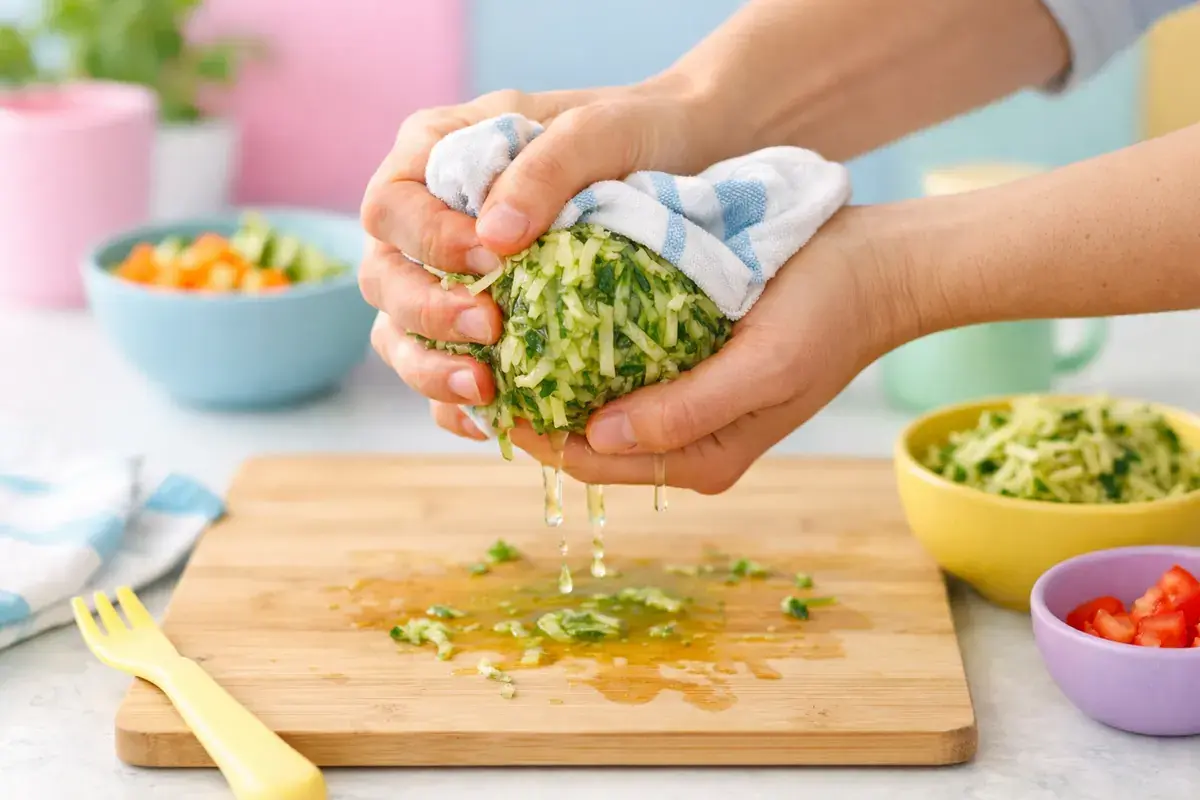 Step 2: Grated zucchini being squeezed in a clean kitchen towel over a cutting board