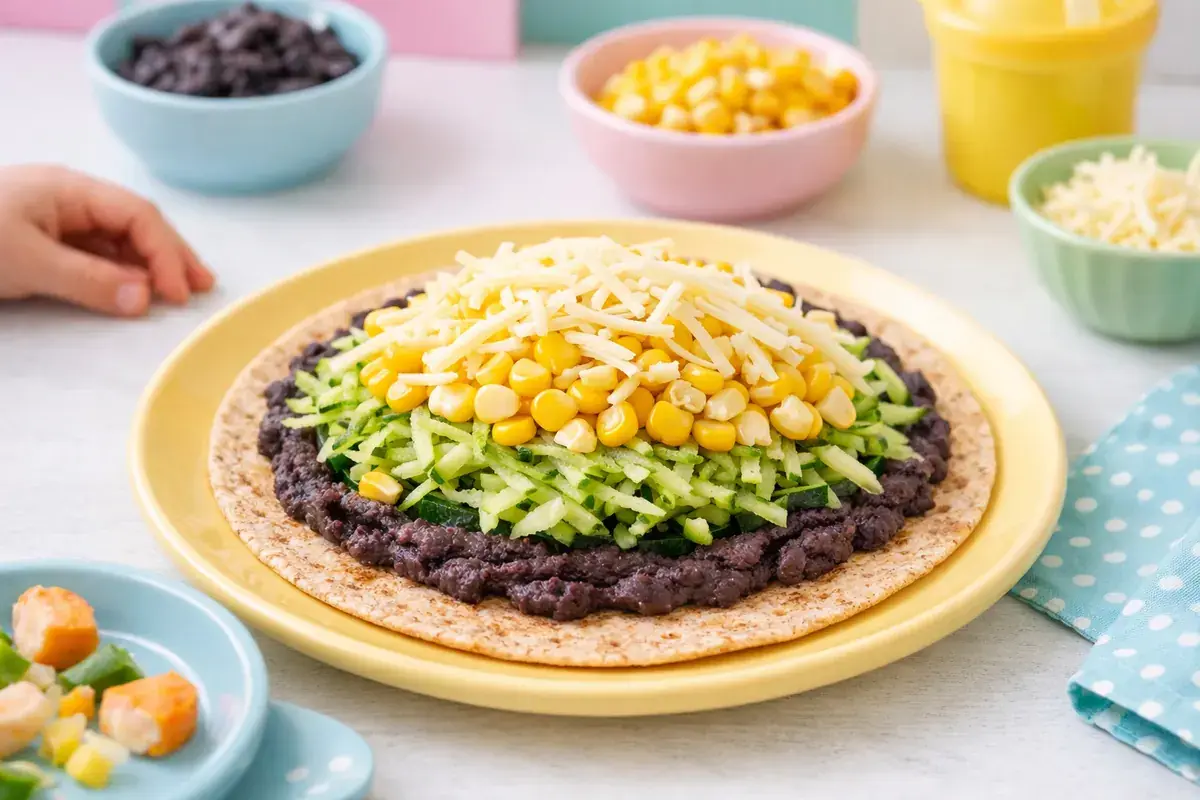 Step 3: A whole wheat tortilla spread with mashed black beans, topped with grated zucchini, sweet corn and shredded cheese