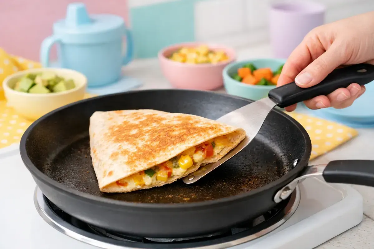 Step 4: A quesadilla cooking in a skillet, edge lifted with a spatula showing a golden underside