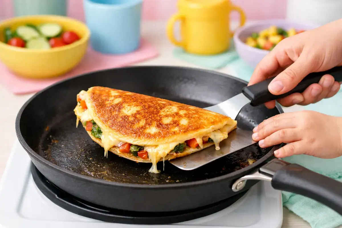 Step 5: A golden crispy quesadilla being flipped in a pan with a wide spatula, cheese oozing at the edges