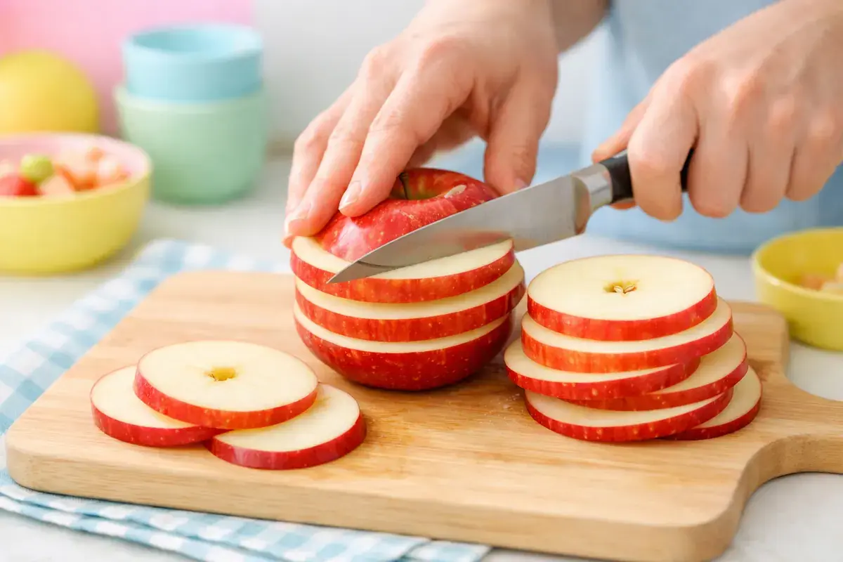 Step 1: A red apple being sliced crosswise into thin rings on a cutting board