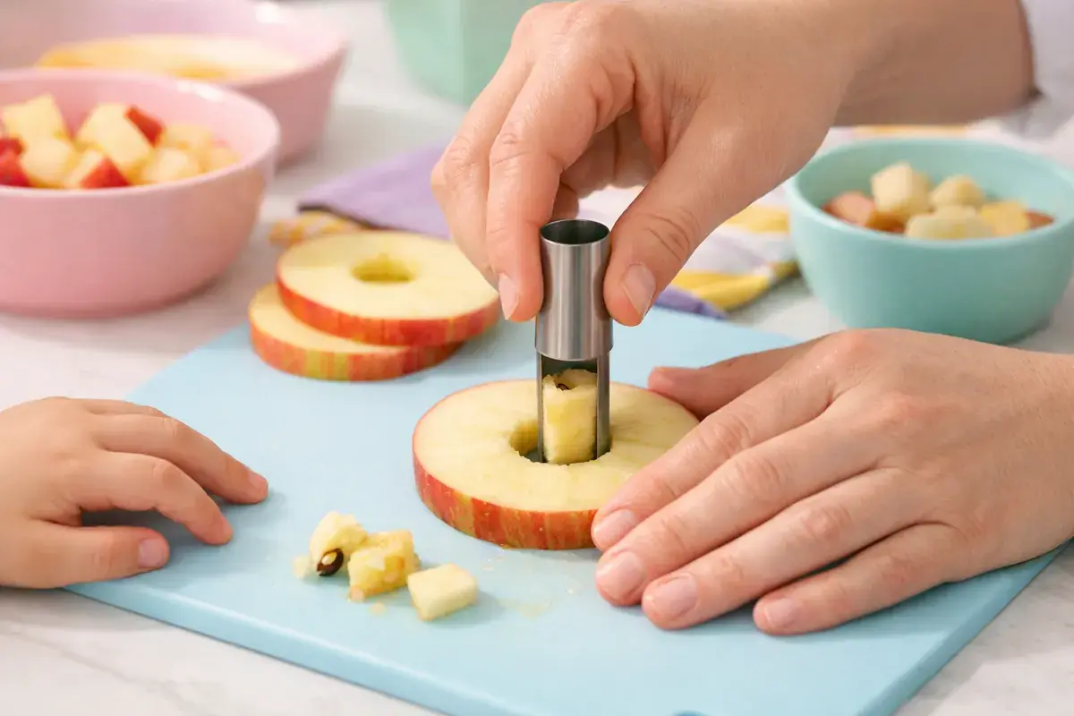 Step 2: A small round metal cutter removing the core from the center of an apple ring