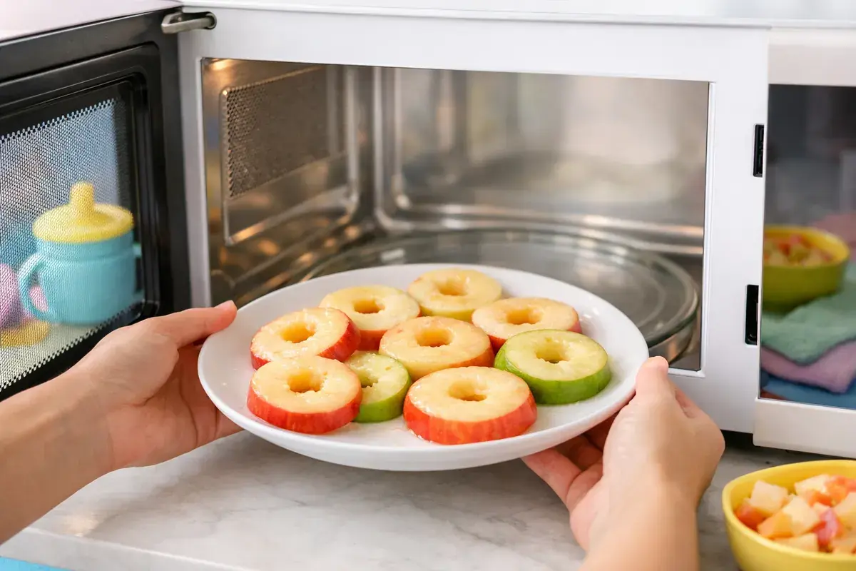 Step 3: Apple rings arranged on a microwave safe plate inside an open microwave