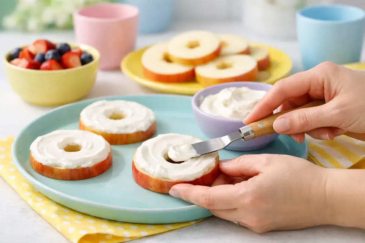Step 4: Apple rings being frosted with thick greek yogurt using a small spatula