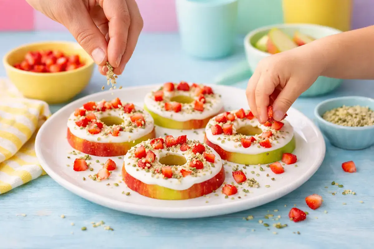 Step 5: Colorful diced strawberries and hemp hearts being sprinkled on yogurt frosted apple rings