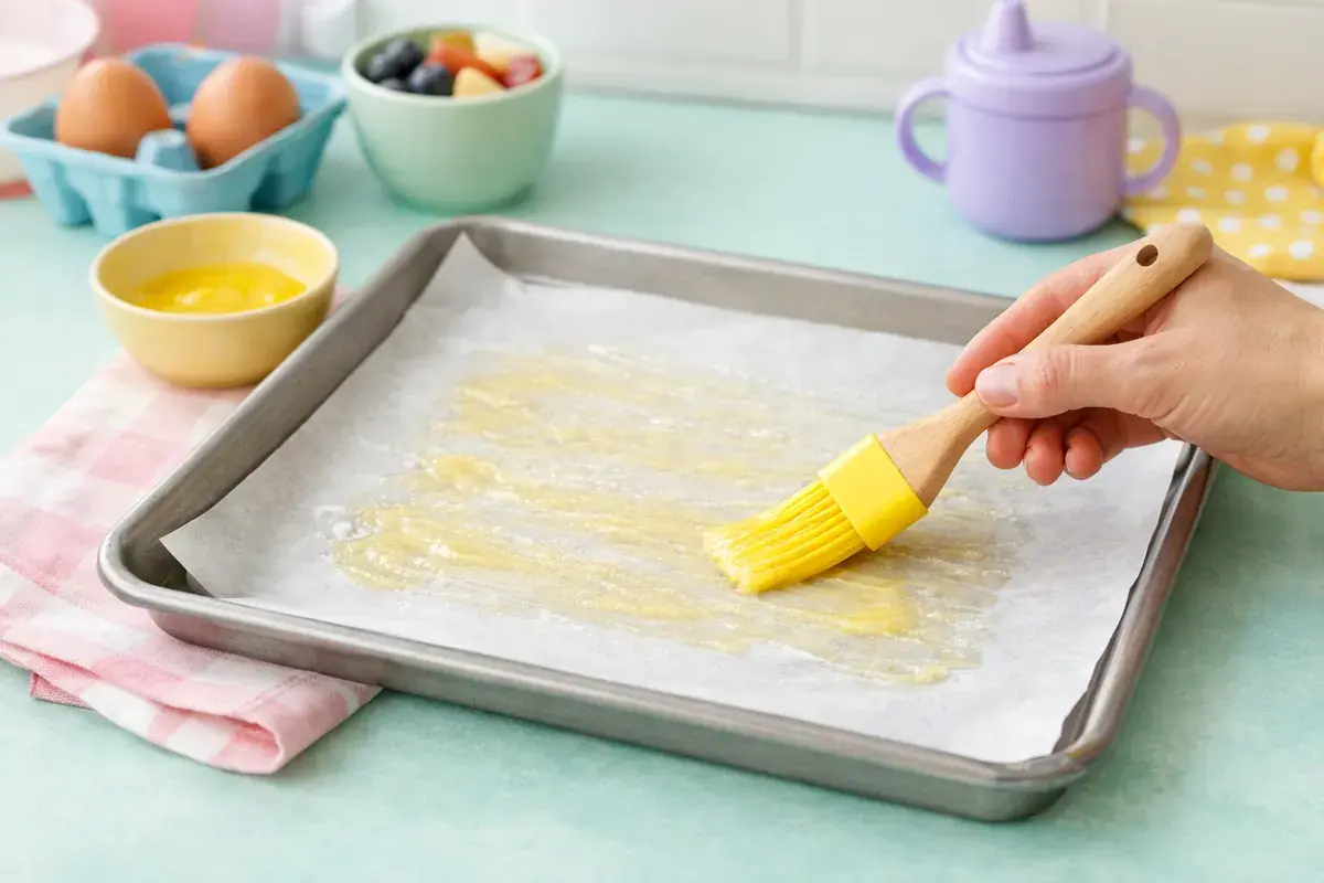 Step 1: A parchment-lined baking tray being brushed with melted butter on a pastel kitchen counter