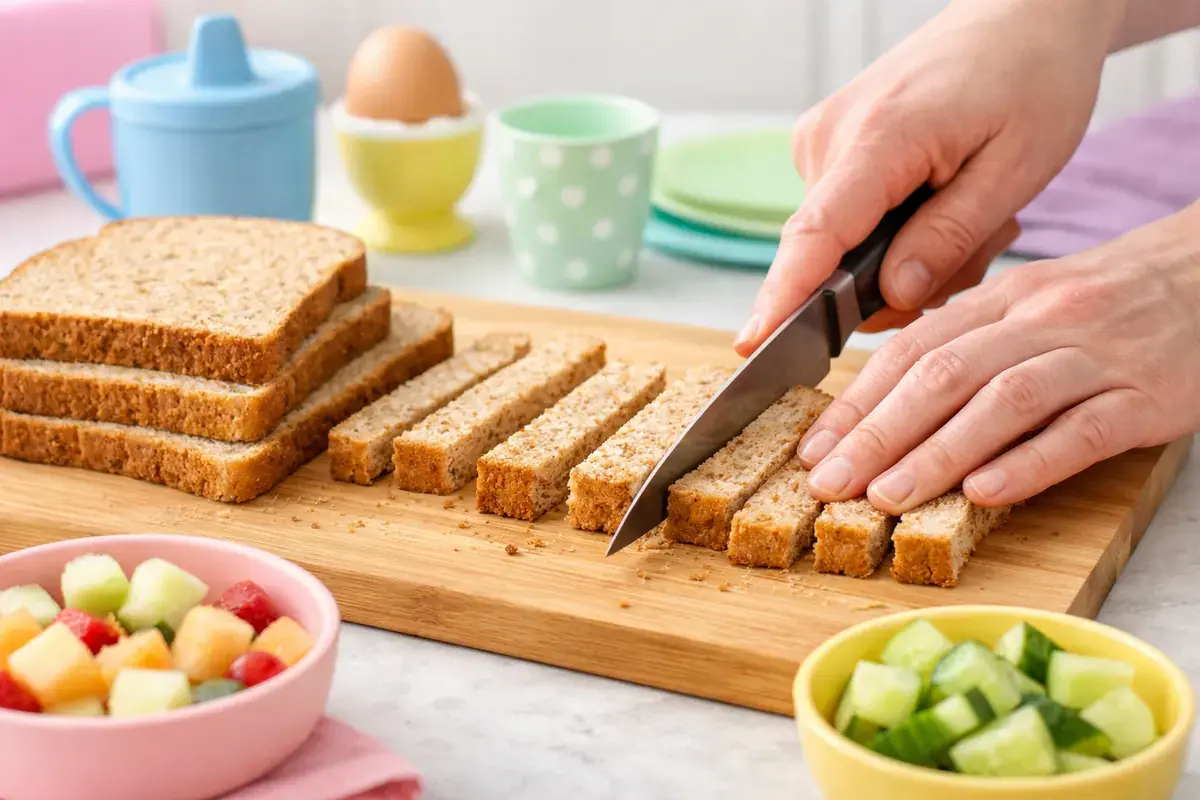 Step 2: Slices of whole-wheat bread being cut into finger-width sticks on a wooden cutting board
