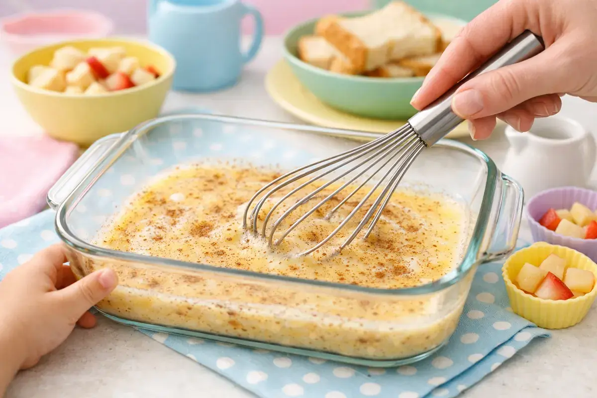 Step 3: Eggs, milk and cinnamon being whisked together in a shallow glass dish