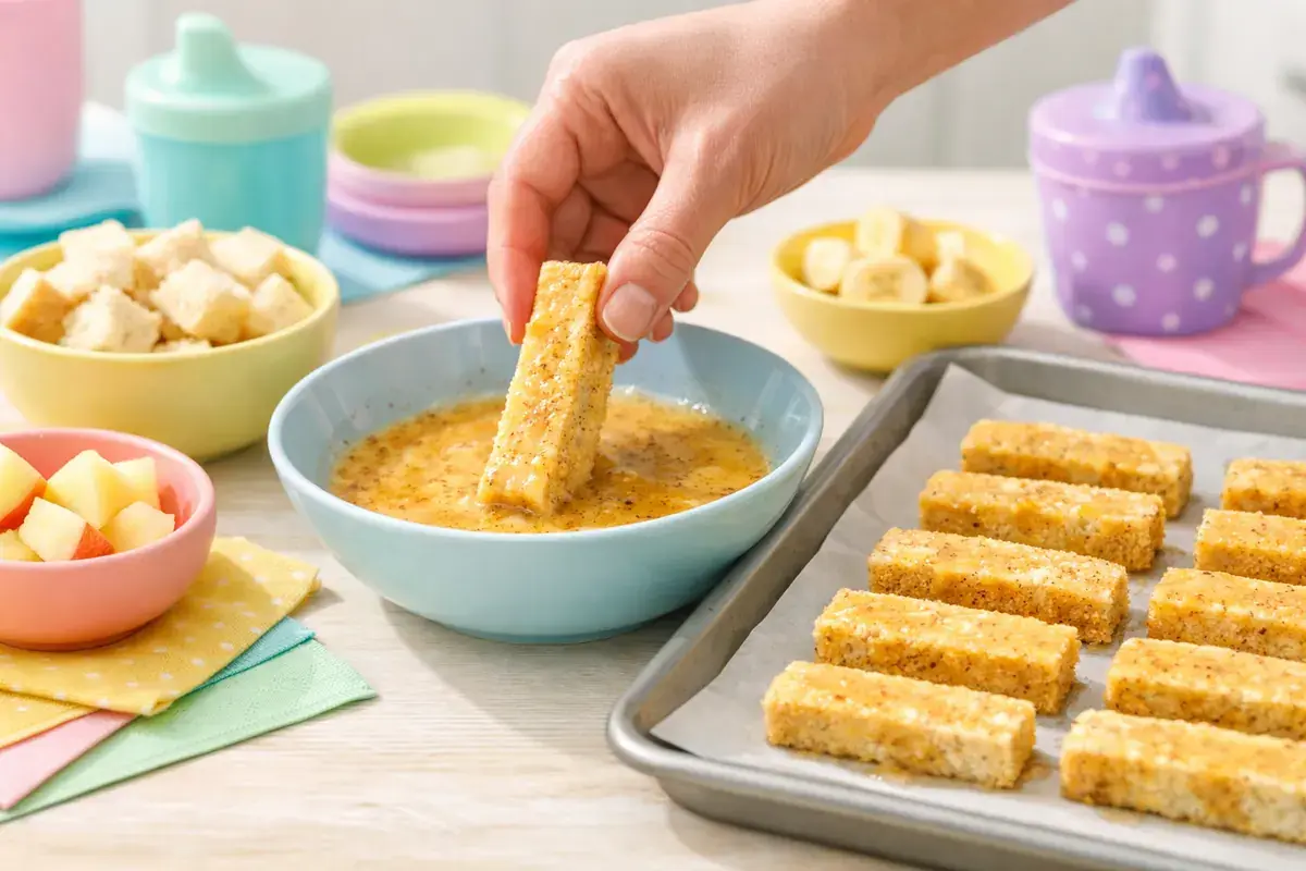 Step 4: A bread stick being dipped into a cinnamon egg mixture and placed on a parchment-lined tray with other dipped sticks