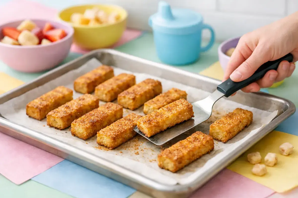 Step 5: Golden baked French toast sticks on a parchment-lined tray being flipped with a spatula