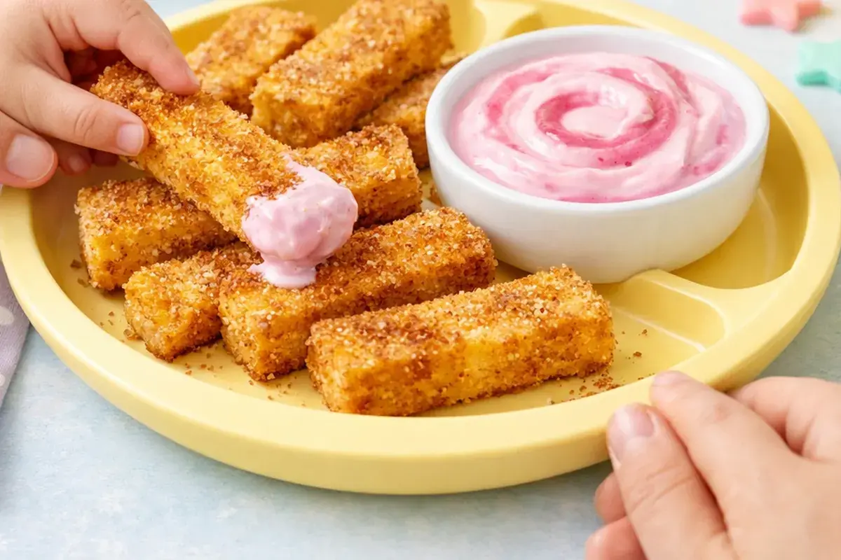 Baked French Toast Sticks served on a toddler plate
