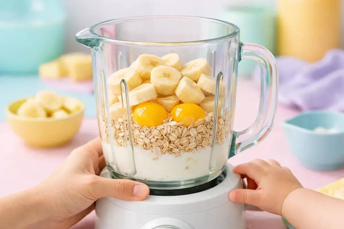Step 1: Ripe banana pieces, two cracked eggs, rolled oats and a splash of milk inside a glass blender jar on a pastel kitchen counter