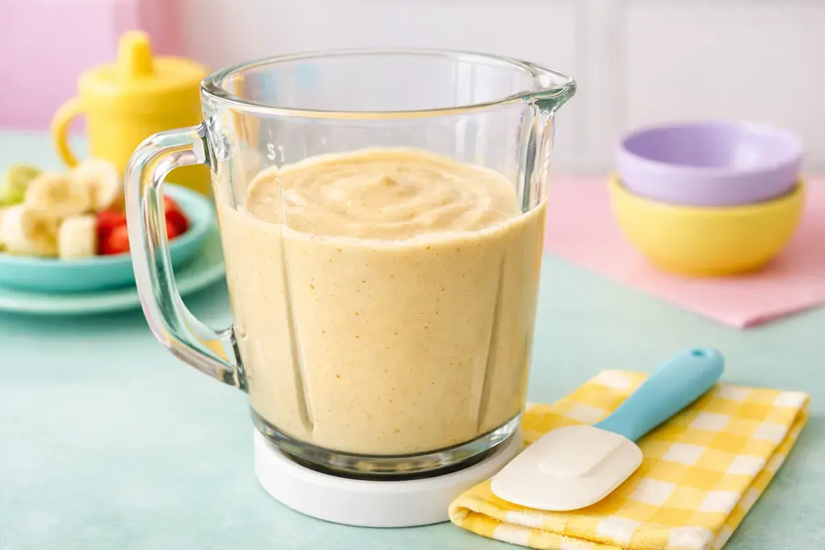 Step 2: Smooth pale golden pancake batter in a glass blender jar, a small spatula resting beside it