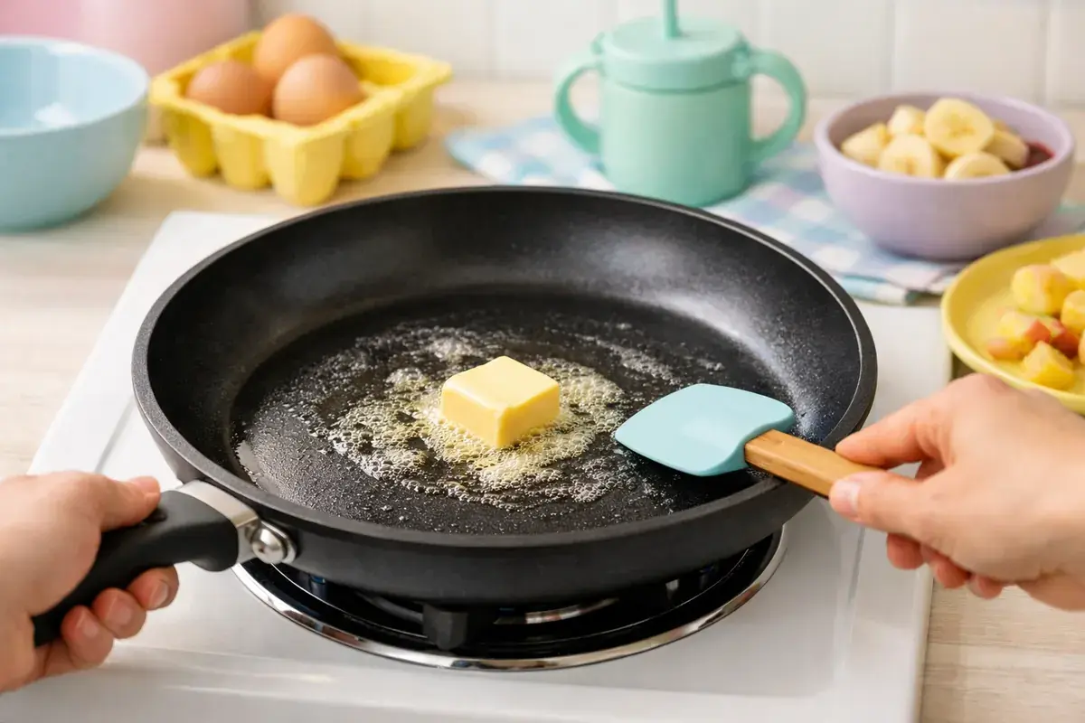 Step 3: A non-stick skillet on a stovetop with a pat of melting butter, pastel kitchen background