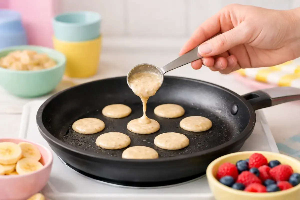 Step 4: Small coin-size circles of pancake batter being poured into a skillet from a measuring spoon