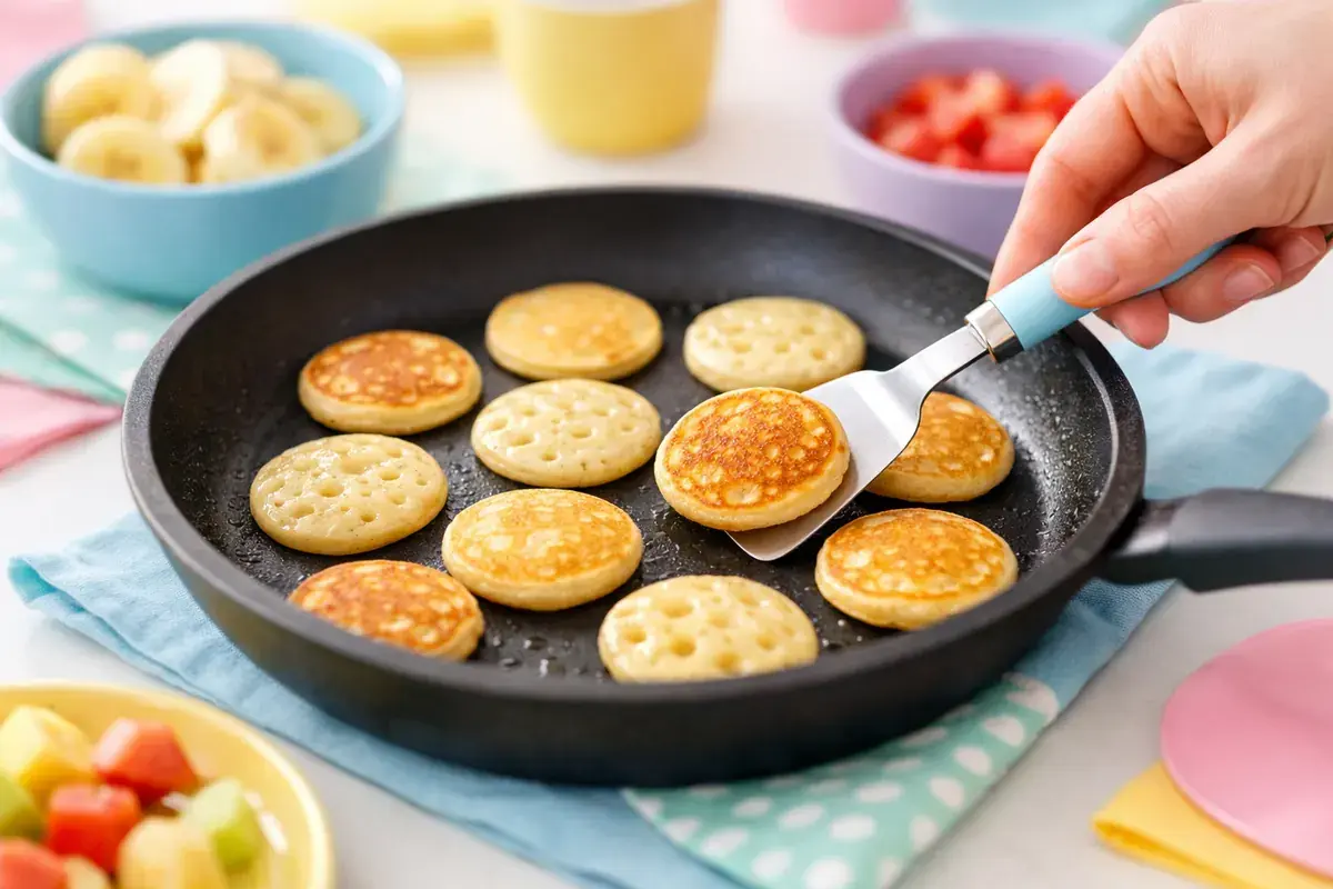 Step 5: Mini golden pancakes in a skillet being flipped with a small spatula, some showing bubbles
