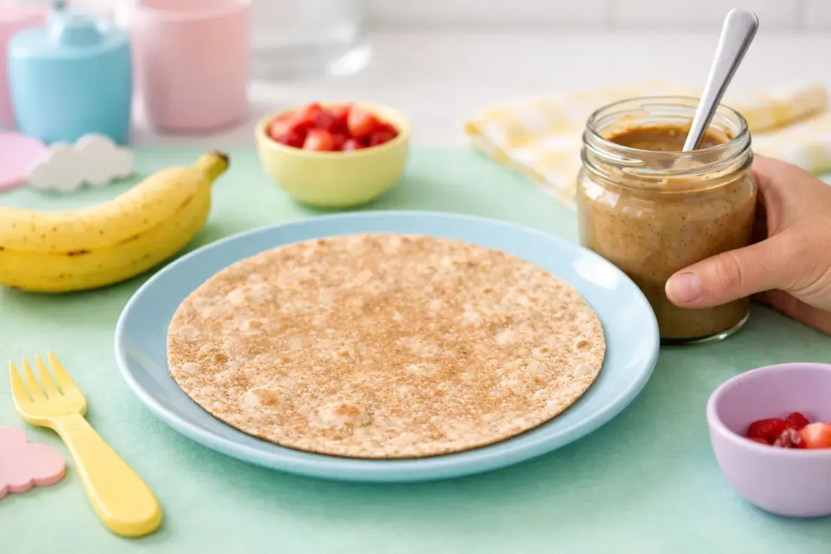 Step 1: A soft whole wheat tortilla on a pastel plate next to a ripe banana and a jar of seed butter