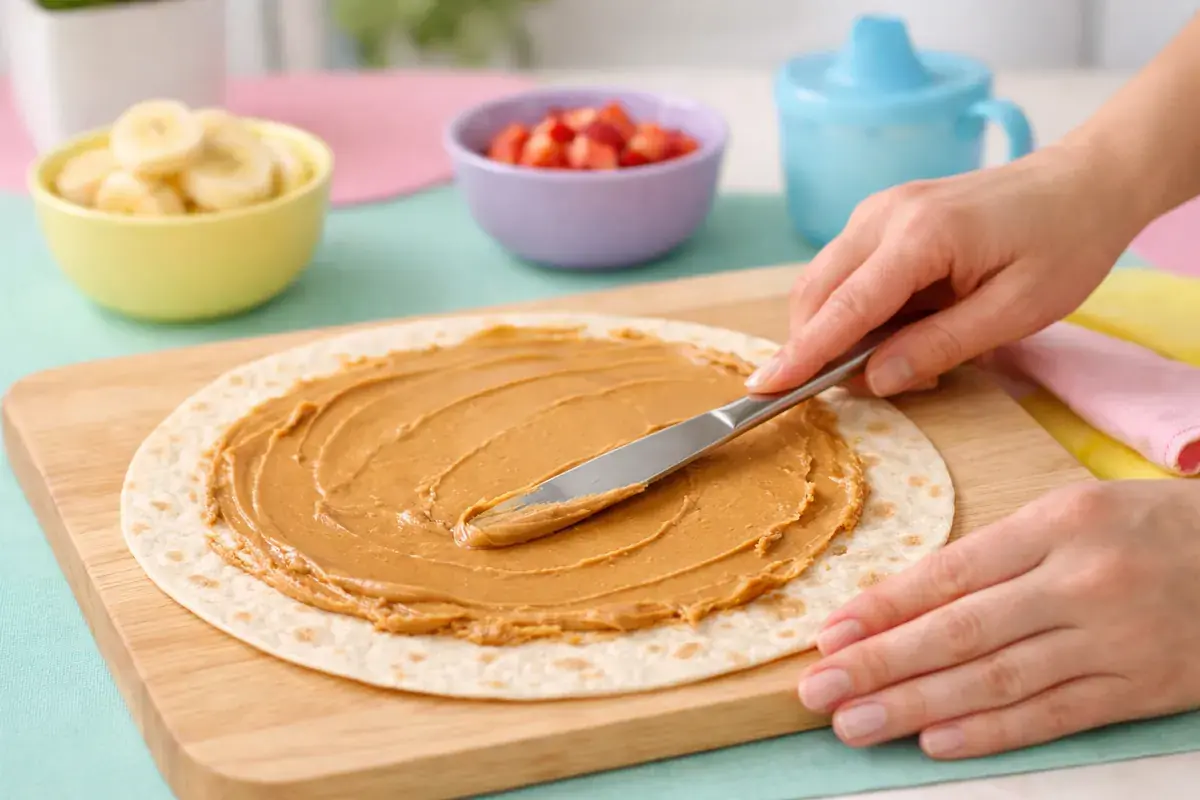 Step 2: A thin layer of smooth peanut butter being spread evenly over a tortilla with a butter knife