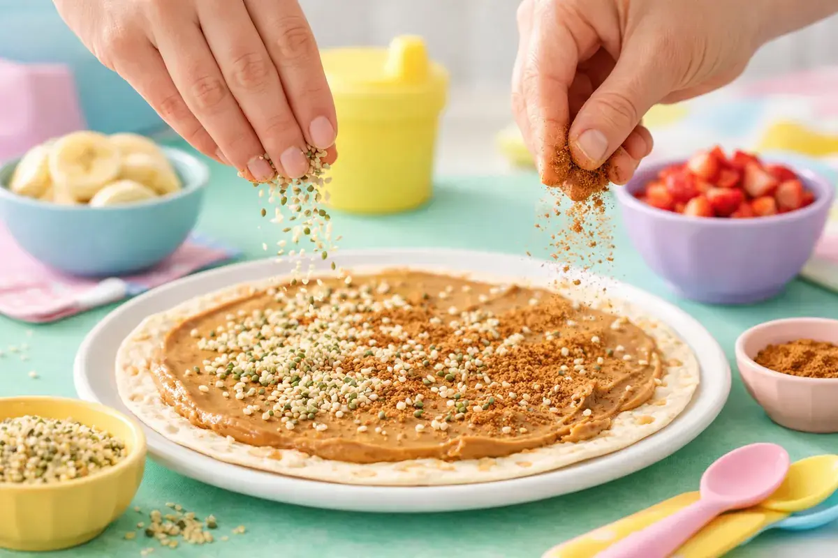 Step 3: Hemp hearts and cinnamon being sprinkled over a tortilla spread with nut butter