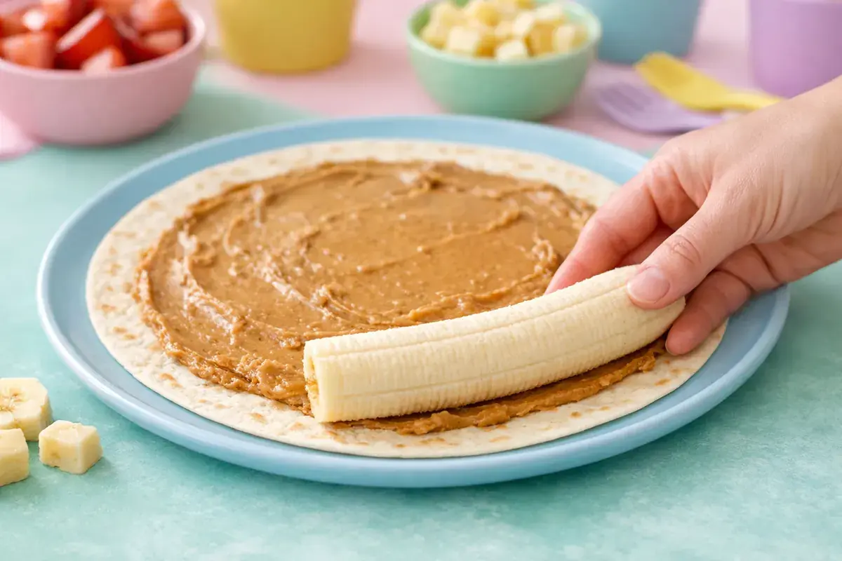 Step 4: A whole peeled banana placed along the edge of a tortilla spread with nut butter