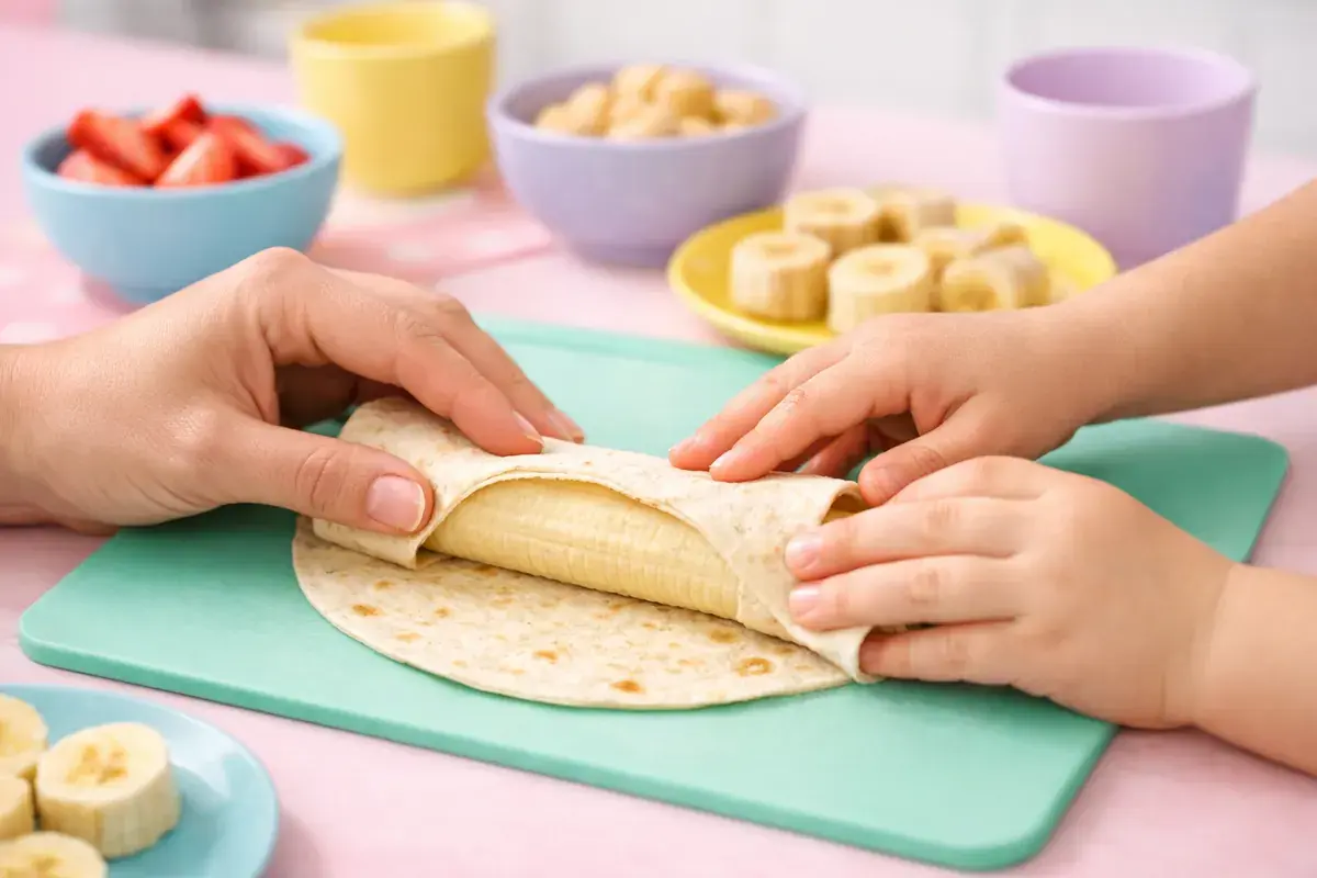 Step 5: A child's small hands and an adult's hands rolling a tortilla around a banana