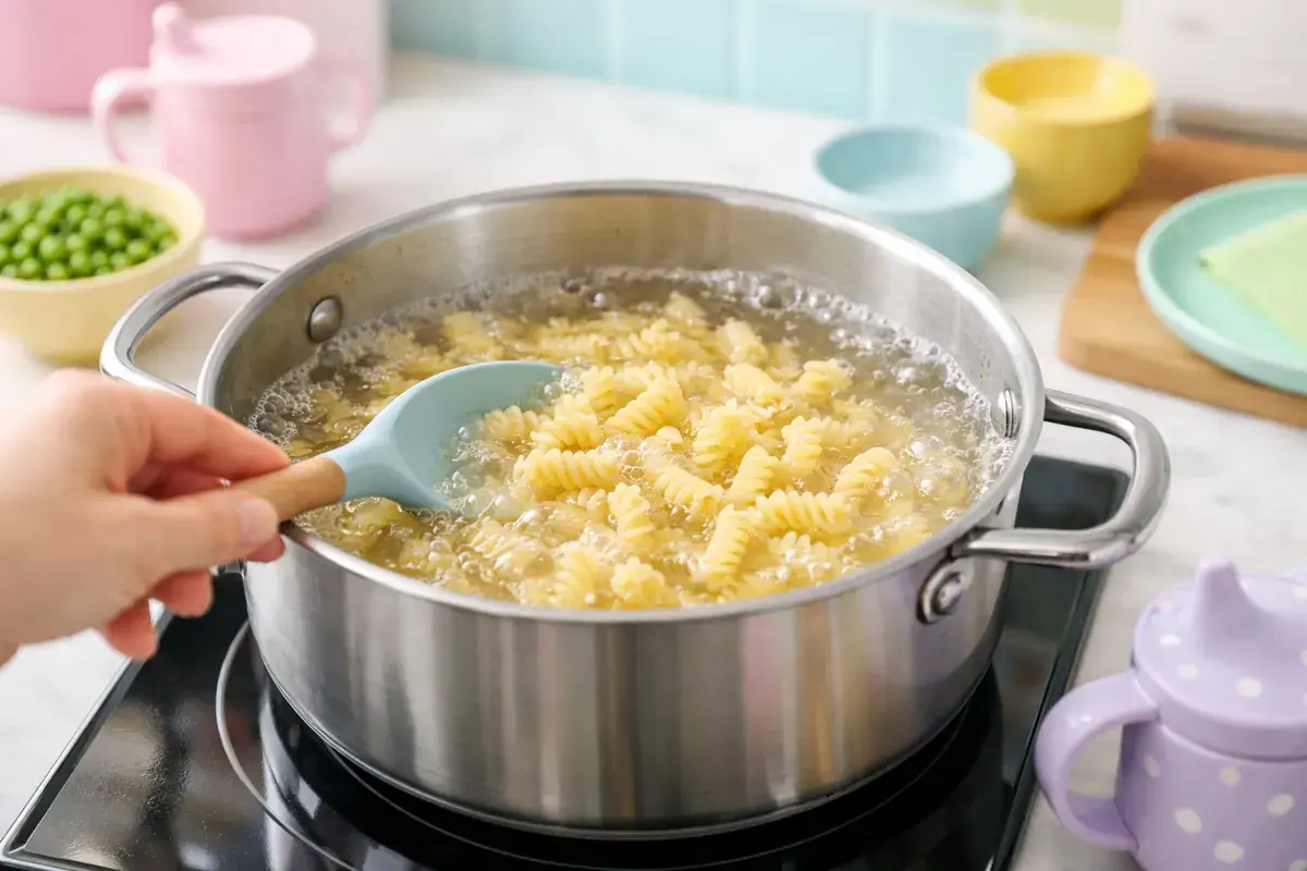 Step 1: Small rotini pasta boiling in a large pot of water on a stovetop