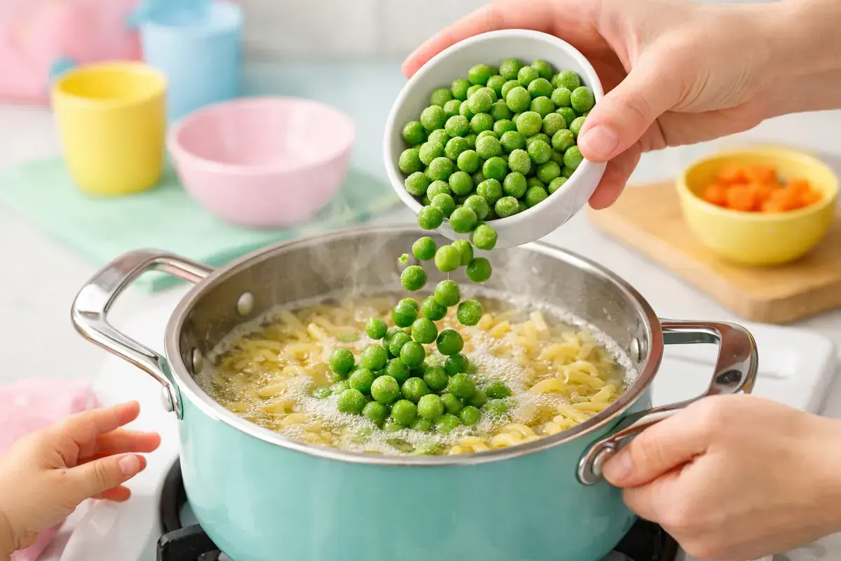 Step 2: Frozen green peas being poured into a pot of boiling pasta