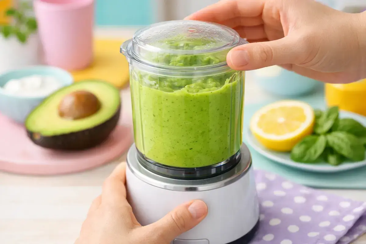 Step 3: A ripe avocado, yogurt, lemon and fresh basil leaves blended into a smooth bright green sauce in a small blender