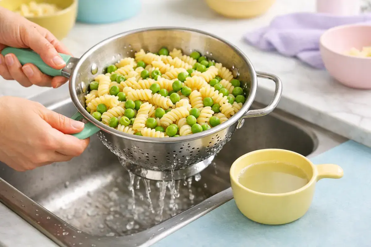 Step 4: Pasta and peas being drained in a colander over a sink, with a small cup of saved cooking water nearby