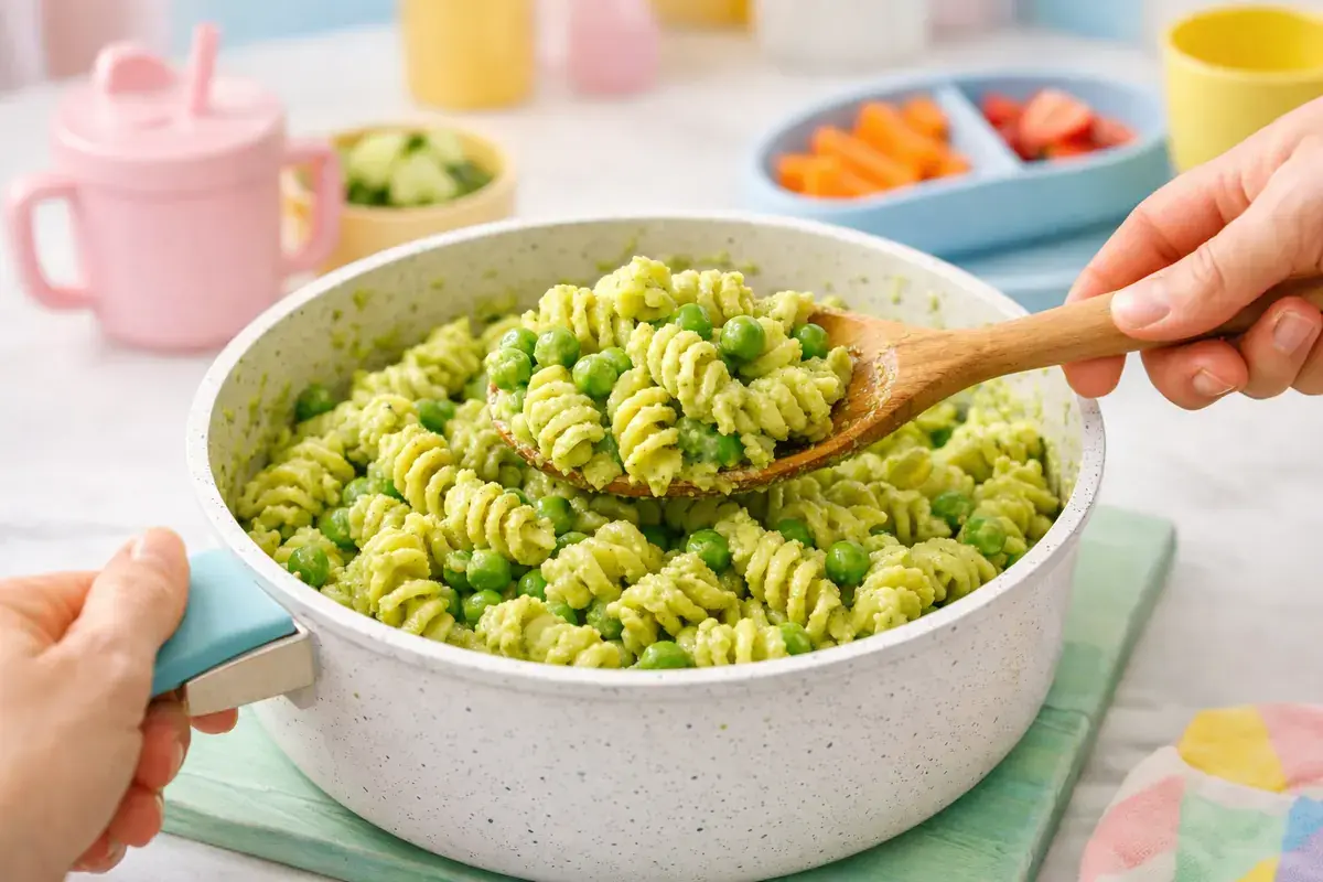 Step 5: Rotini pasta and peas being tossed with a creamy green avocado sauce in a pot with a wooden spoon