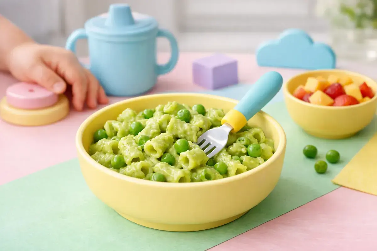 Creamy Avocado Pasta with Peas served on a toddler plate