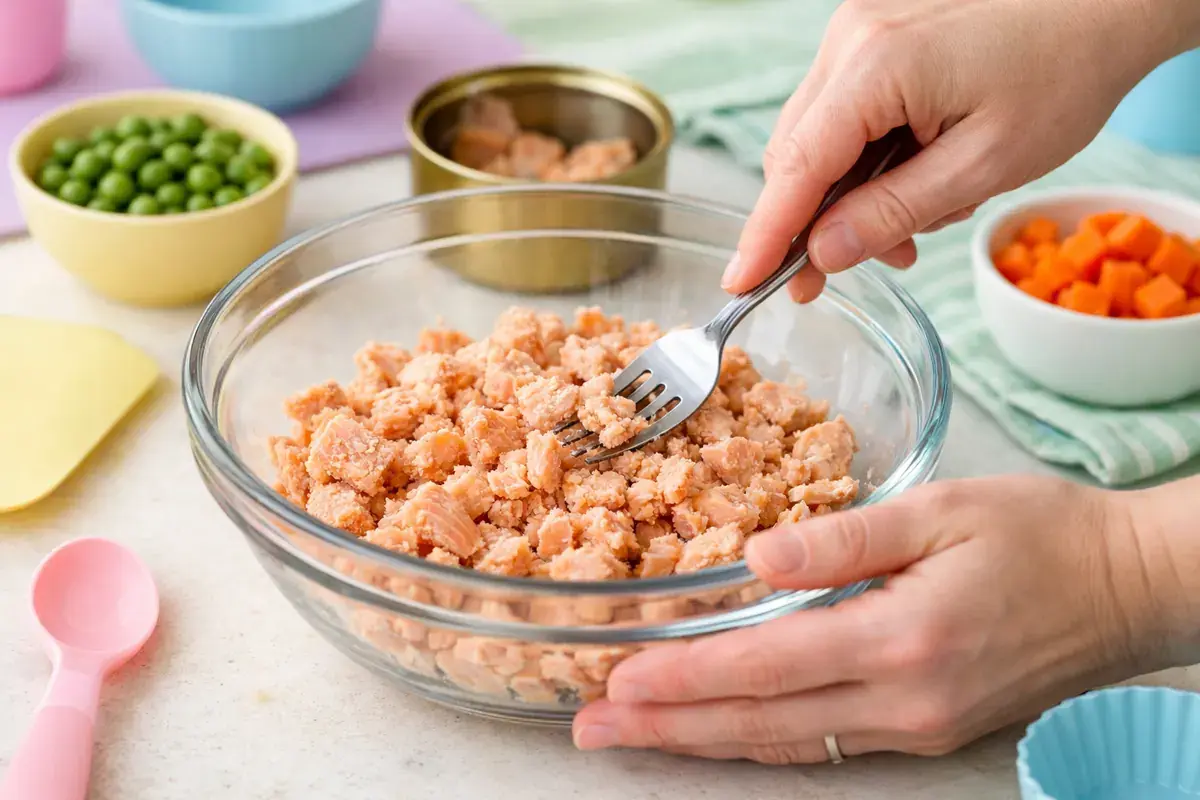 Step 1: Canned salmon being flaked with a fork in a mixing bowl