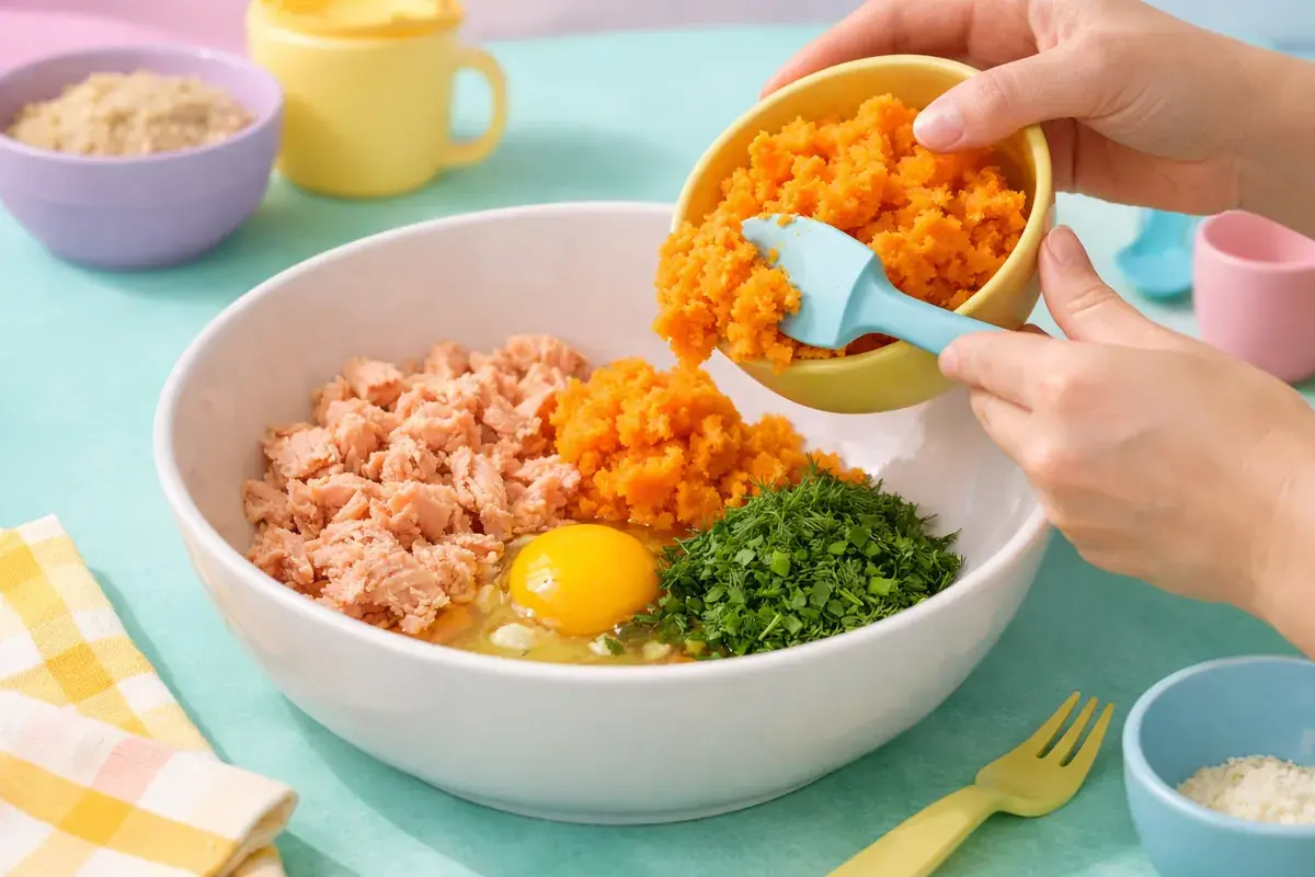 Step 2: Flaked salmon, orange mashed sweet potato, an egg and chopped dill in a mixing bowl