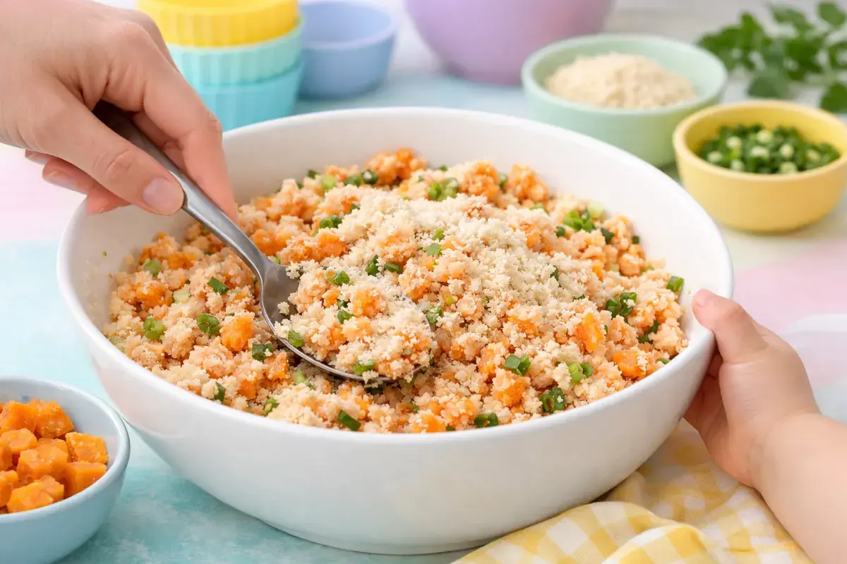 Step 3: A salmon and sweet potato mixture being stirred with panko breadcrumbs with a spoon