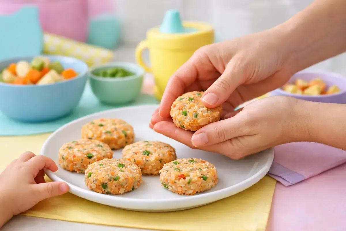Step 4: Small round salmon patties being shaped by hand and placed on a plate
