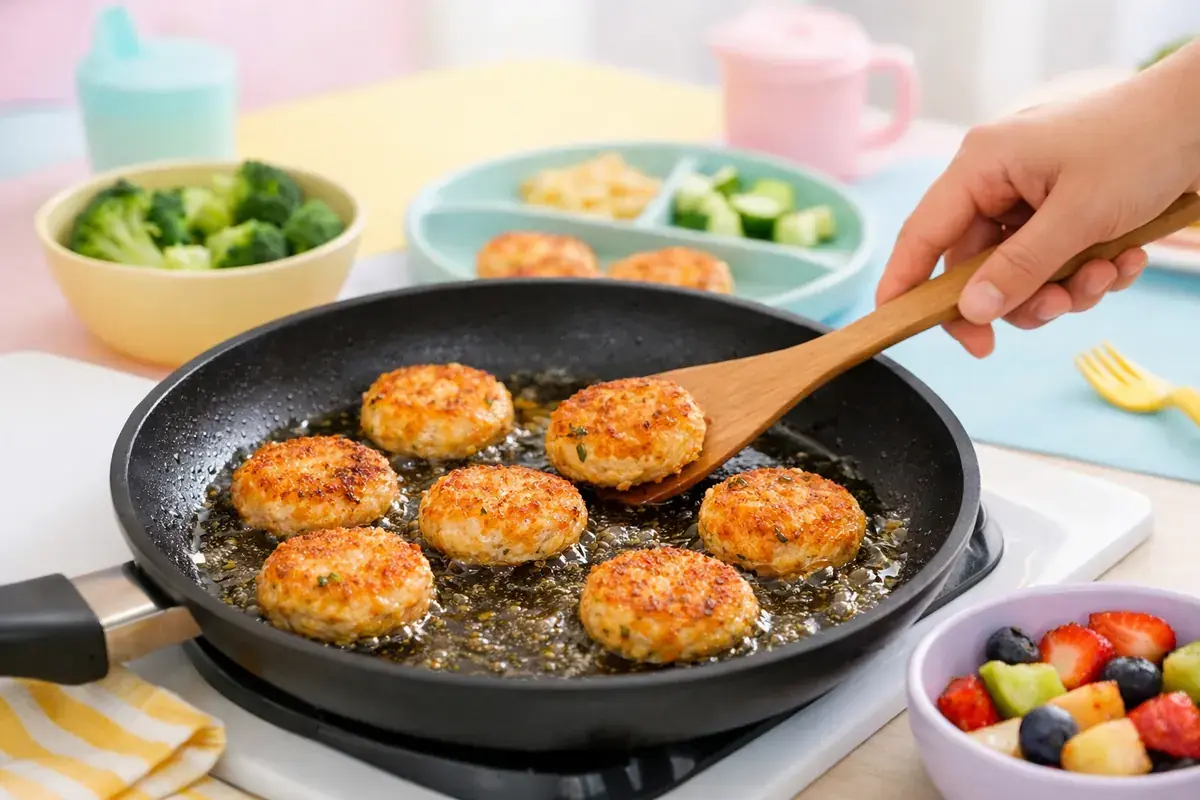 Step 5: Small golden salmon cakes sizzling in olive oil in a frying pan