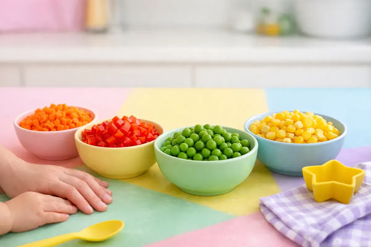 Step 1: Finely diced carrot, red bell pepper, peas and corn in separate little pastel bowls arranged like a rainbow