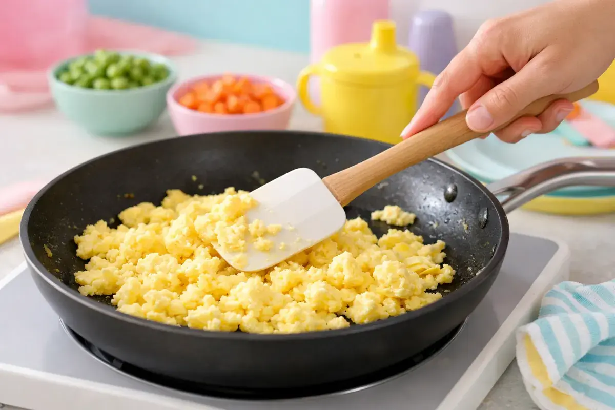 Step 2: Fluffy scrambled eggs being cooked in a large frying pan with a spatula
