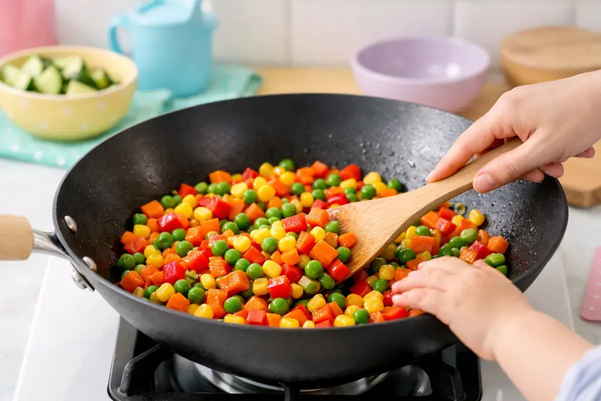 Step 3: Colorful diced carrots, red peppers, peas and corn sautΓ©ing in a large wok