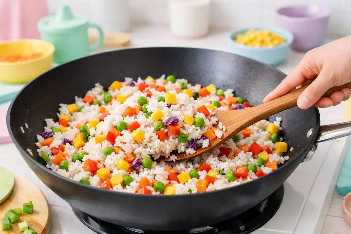 Step 4: White rice being stir fried with colorful vegetables in a wok with a wooden spatula