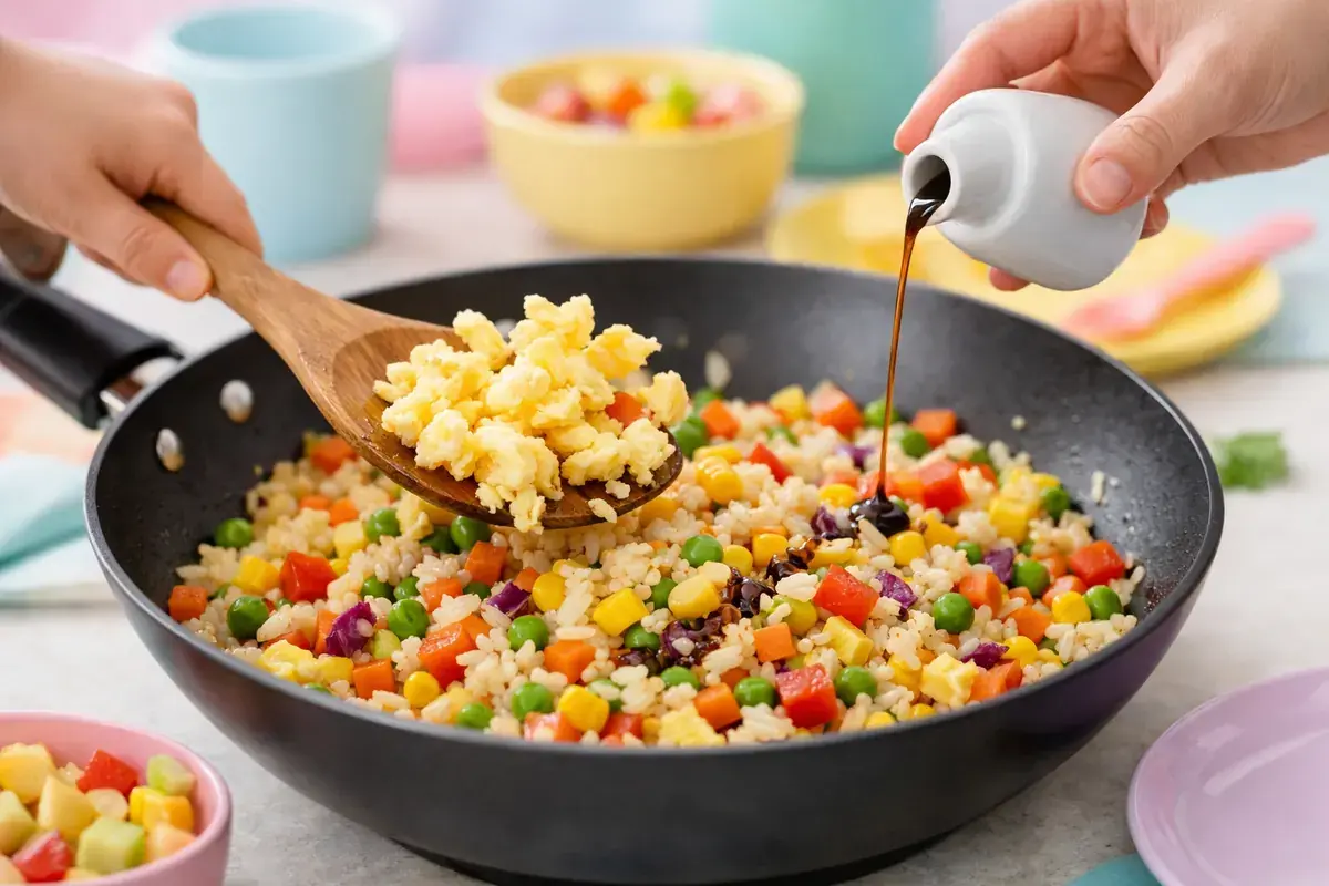 Step 5: Scrambled egg being tossed into colorful vegetable fried rice in a wok, a small drizzle of soy sauce