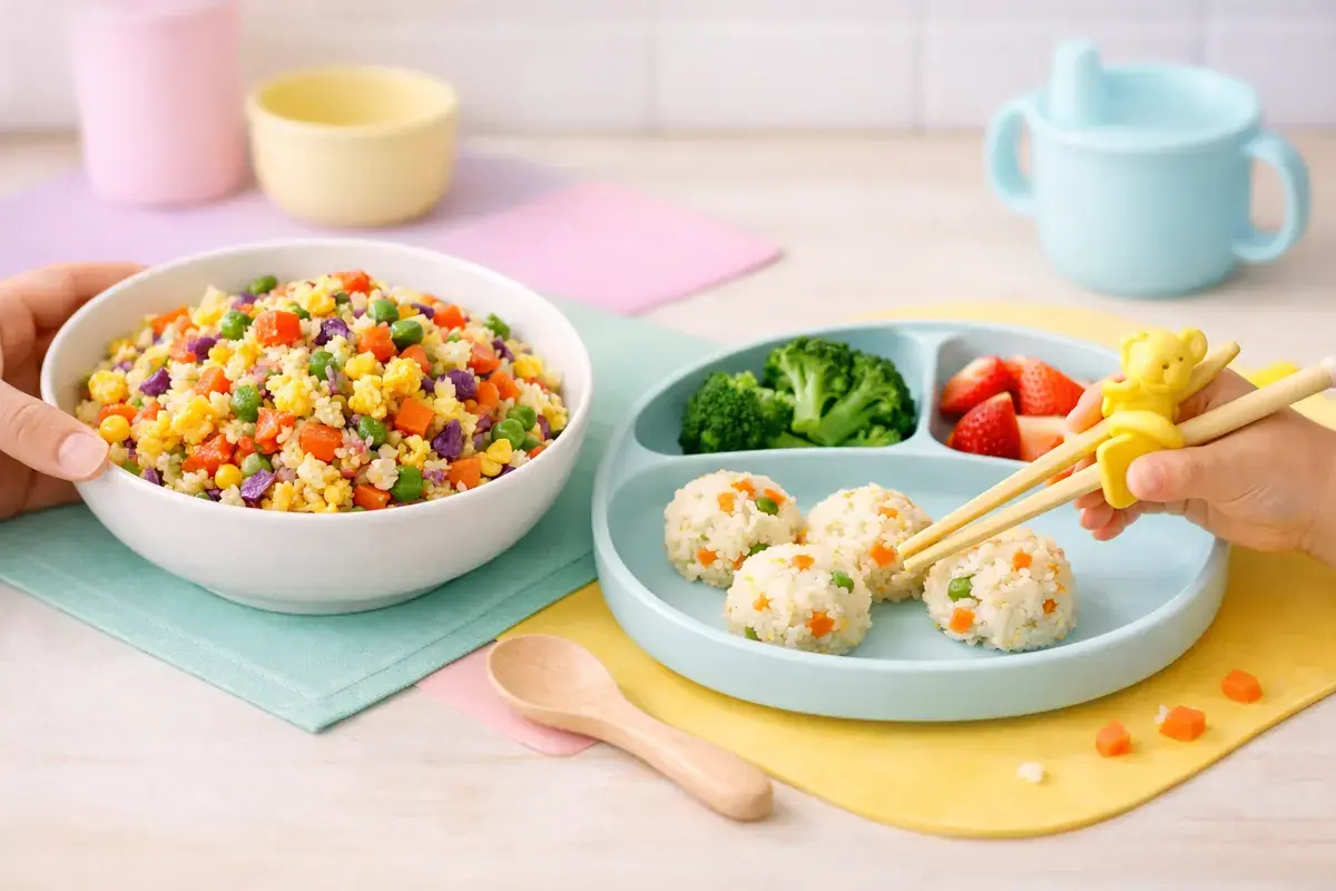 Rainbow Veggie Fried Rice served on a toddler plate