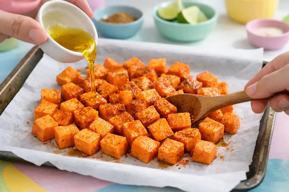 Step 1: Orange sweet potato cubes being tossed with olive oil, cumin and paprika on a parchment-lined tray