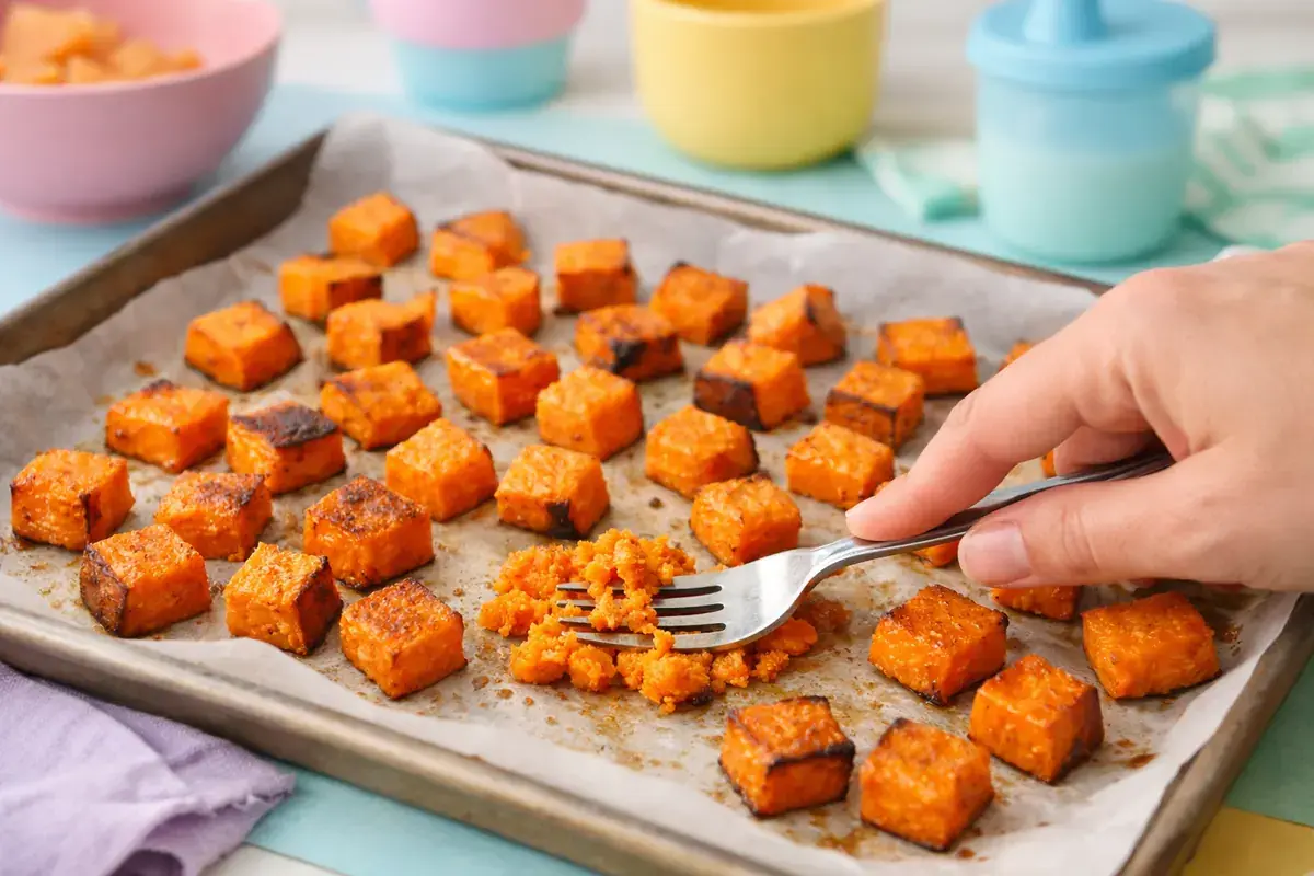 Step 2: Roasted sweet potato cubes on a parchment-lined tray, one being squashed with a fork to show it is soft