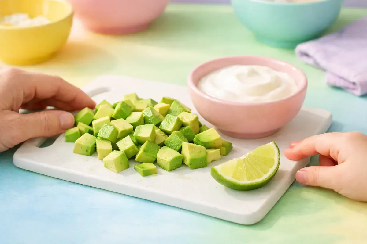Step 4: Diced green avocado on a small cutting board next to a little bowl of white yogurt and a lime wedge