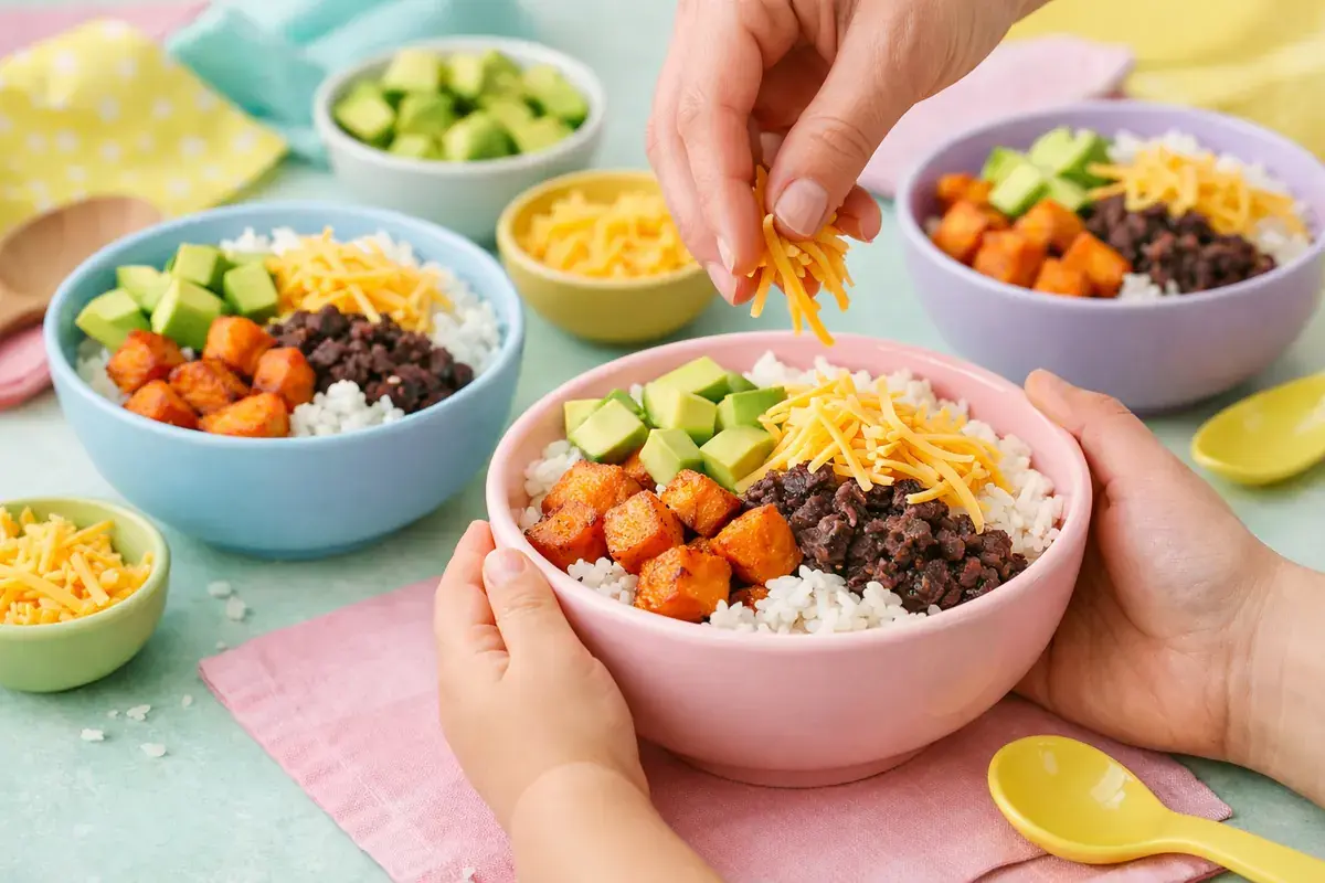 Step 5: Small pastel bowls being filled with white rice, roasted sweet potato cubes, mashed black beans, diced avocado and shredded cheddar